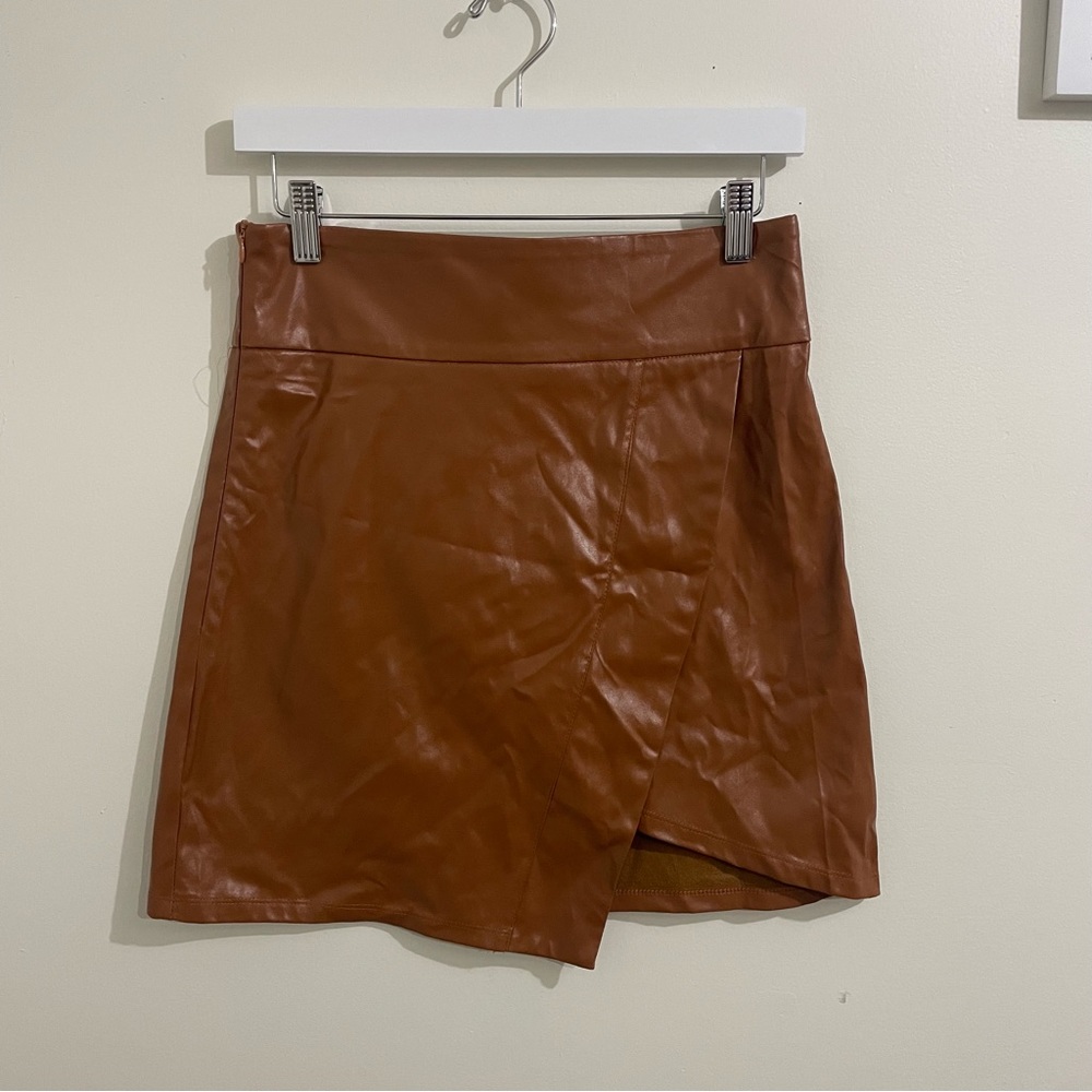 brown high waisted asymmetrical pleather skirt